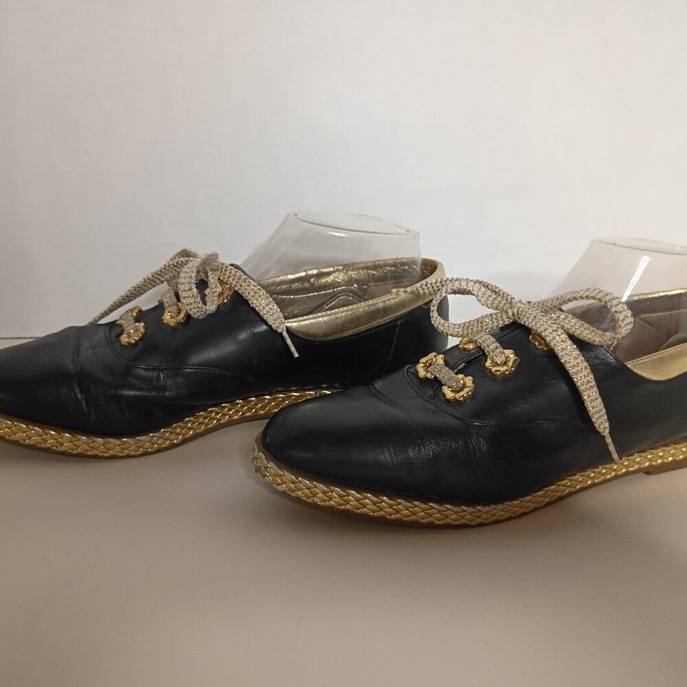 Y2K BALLY "Jallut" Italian Oxford Flats Black Leather Gold Trim Sz 9M - Picture 7 of 15